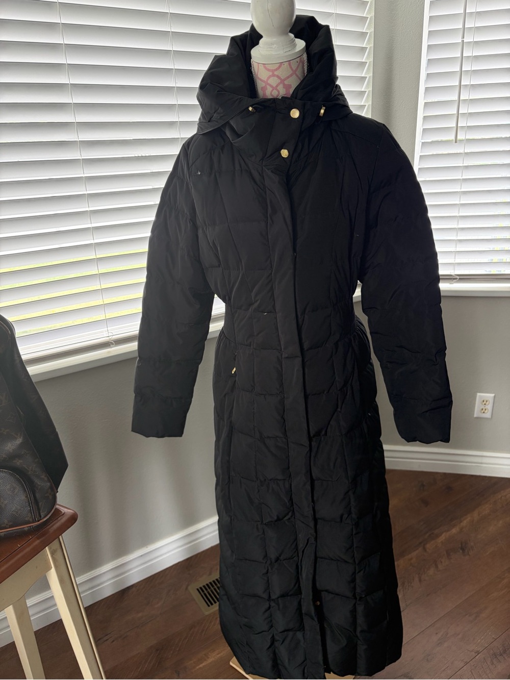 Cole Haan Black Long Quilted Hooded Puffer Coat